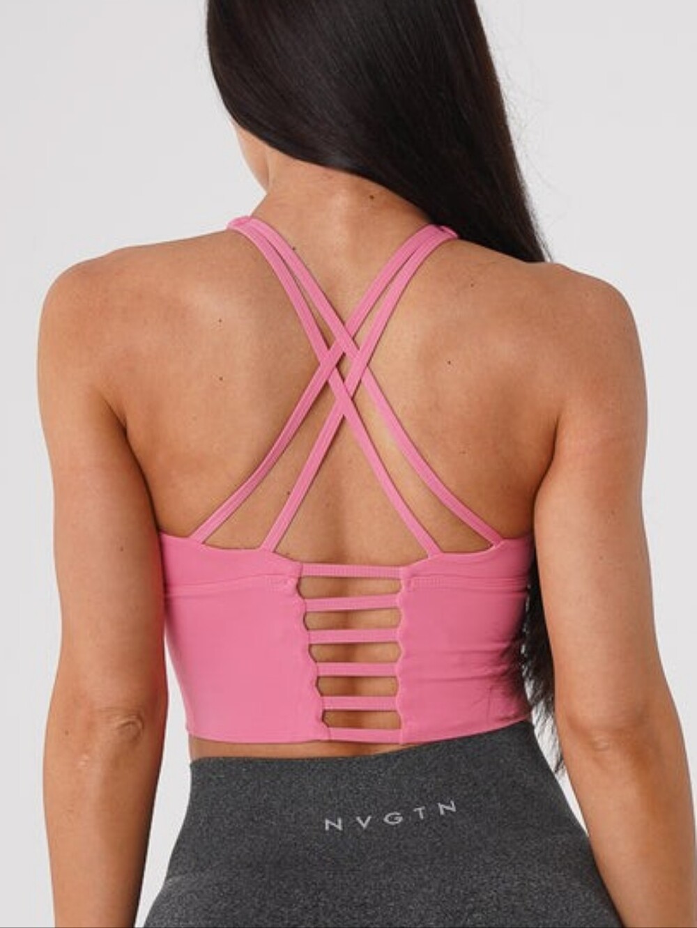 EUC NVGTN Womens Matrix Bra Top Longline Strappy Sports Bra Size L Coral Pink